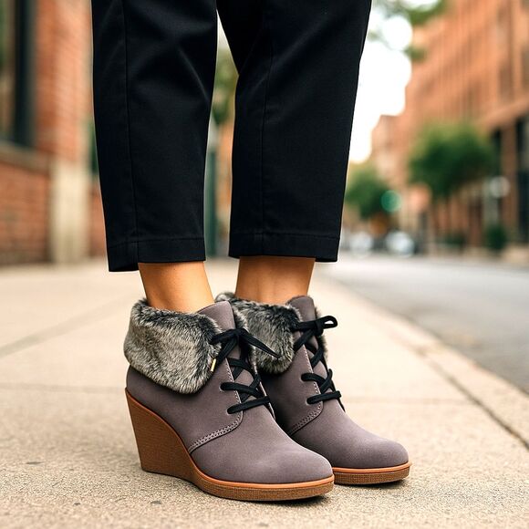 Cole Haan Coralie Wedge Gray Bootie Waterproof Women's 8.5 Faux Fur Grand OS NEW - Picture 1 of 11